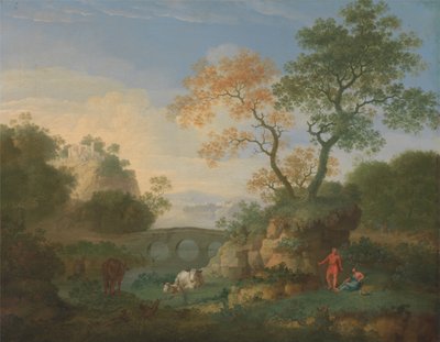 Landschaft mit fernen klassischen Ruinen, einer Brücke, Figuren und Vieh von William Smith
